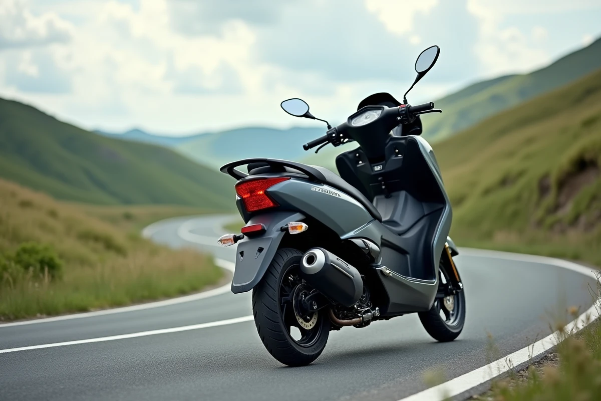 Yamaha XMAX 125 gris garé sur une route de campagne sinueuse, vue 3/4 arrière mettant en valeur le design du scooter