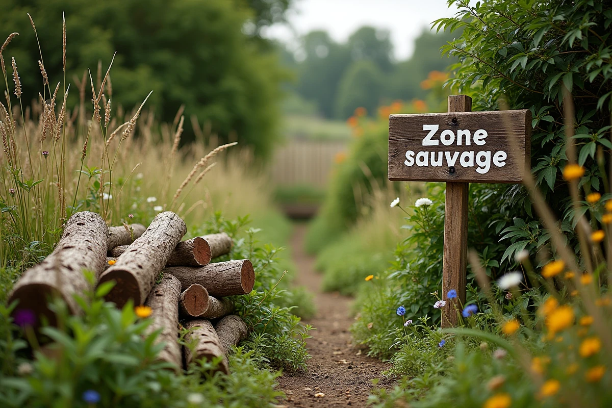 Zone sauvage de jardin laissée en friche avec herbes hautes, fleurs sauvages, troncs morts empilés pour les insectes et un panneau 'Zone Sauvage' en bois