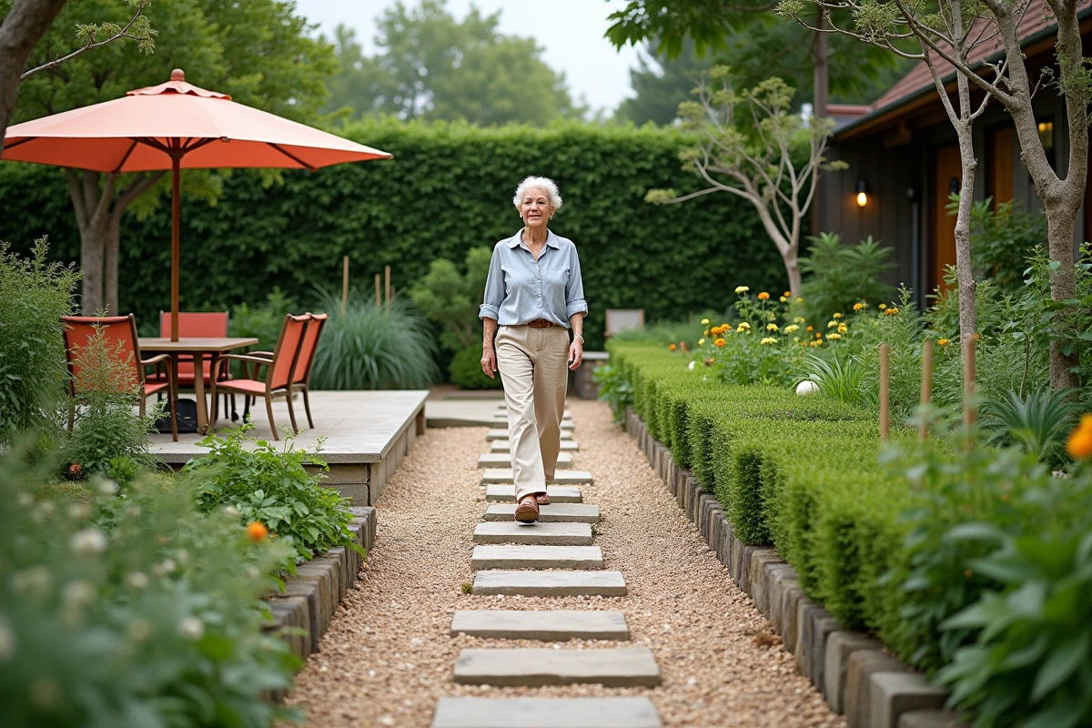 Jardin organisé en zones distinctes selon la fréquence de passage, avec chemins en pierre, terrasse et zone potagère séparées par des haies naturelles